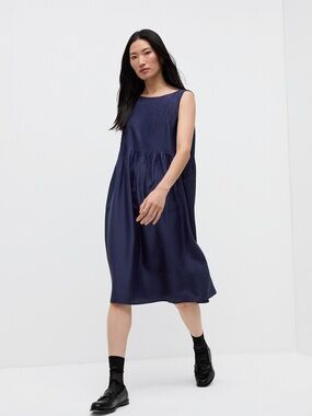 NWT Eileen Fisher Pleated Silk Bateau Neck Dress in Ink (Deep Blue)